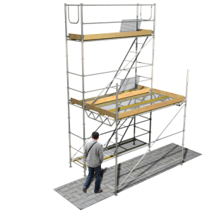 Estructura de protección de paso peatonal junto a andamio de fachada Estructura de protección de paso peatonal junto a andamio de fachada
